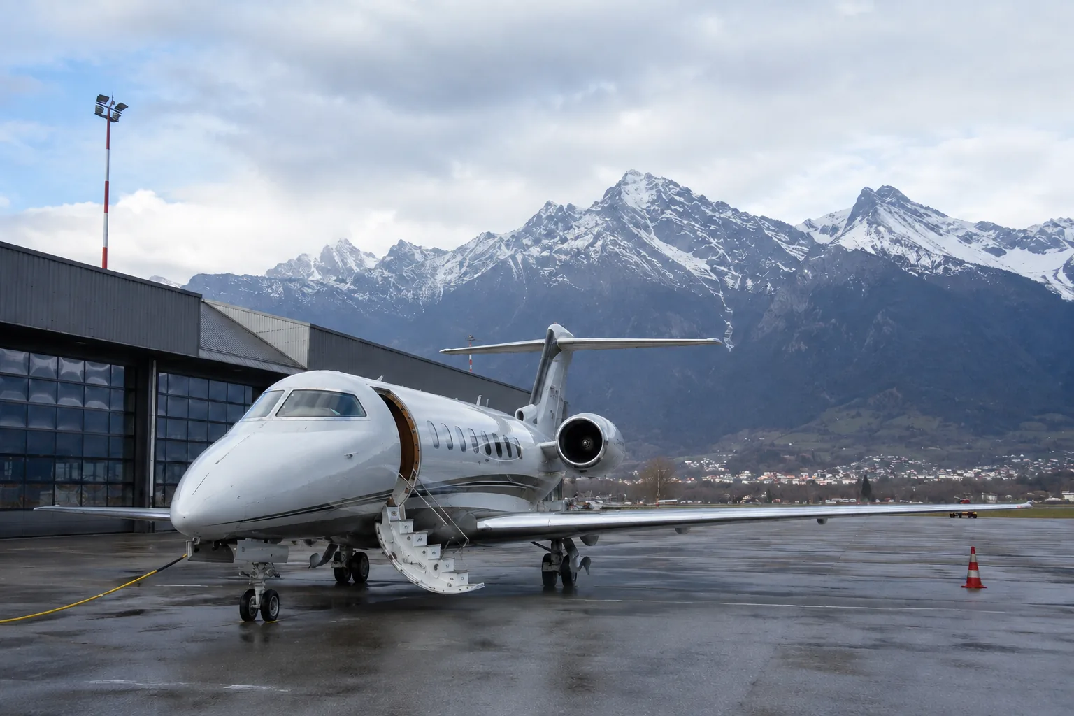 Business jet against a backdrop of snow-capped mountains