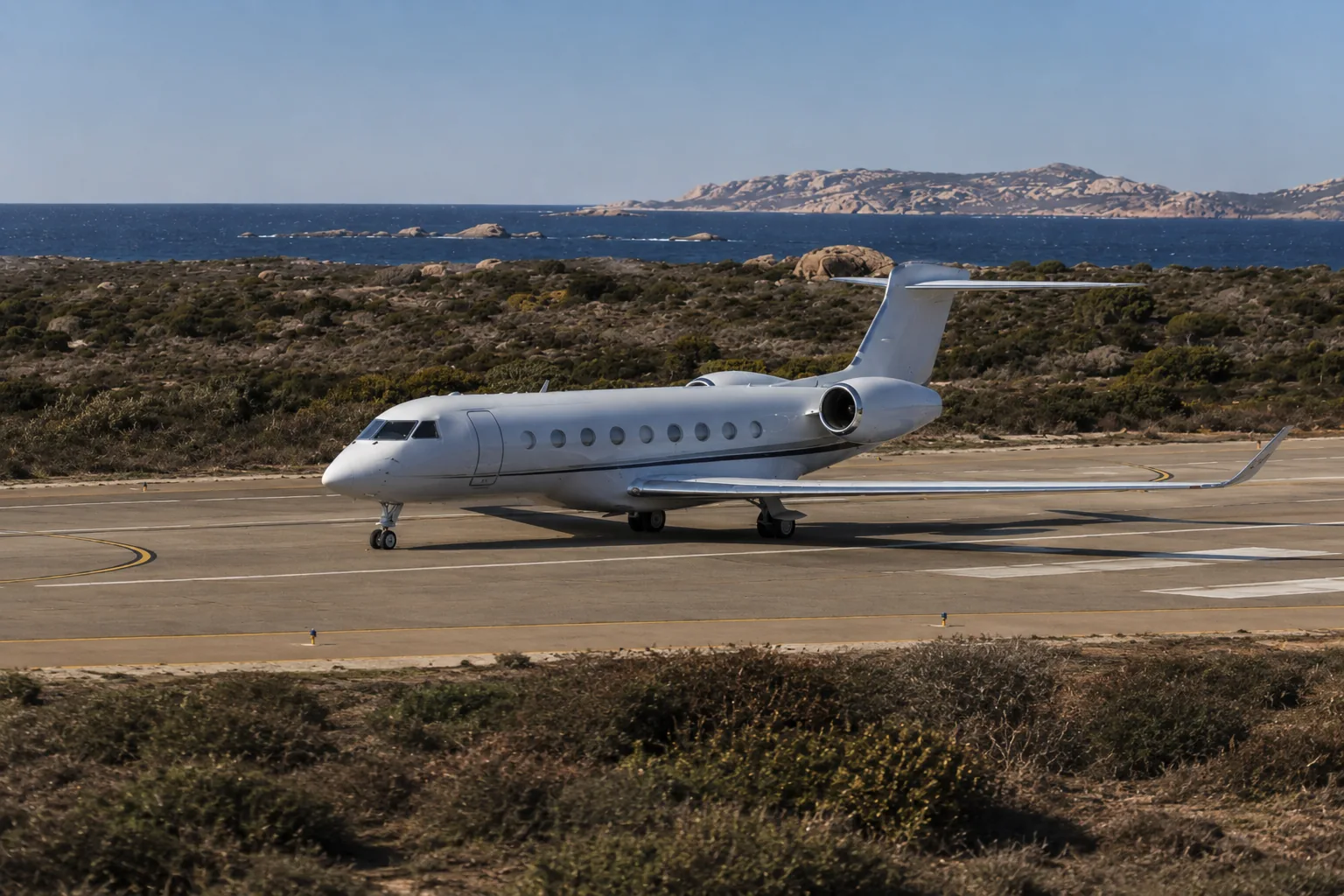 Jet d'affaires prêt au départ sur une piste insulaire