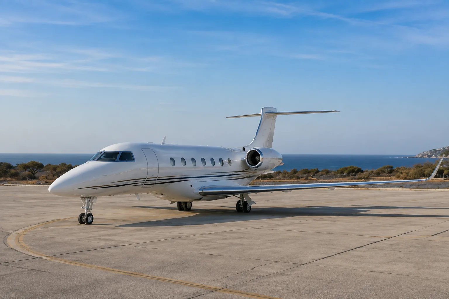 Jet d'affaires sur une aire de stationnement face à la mer