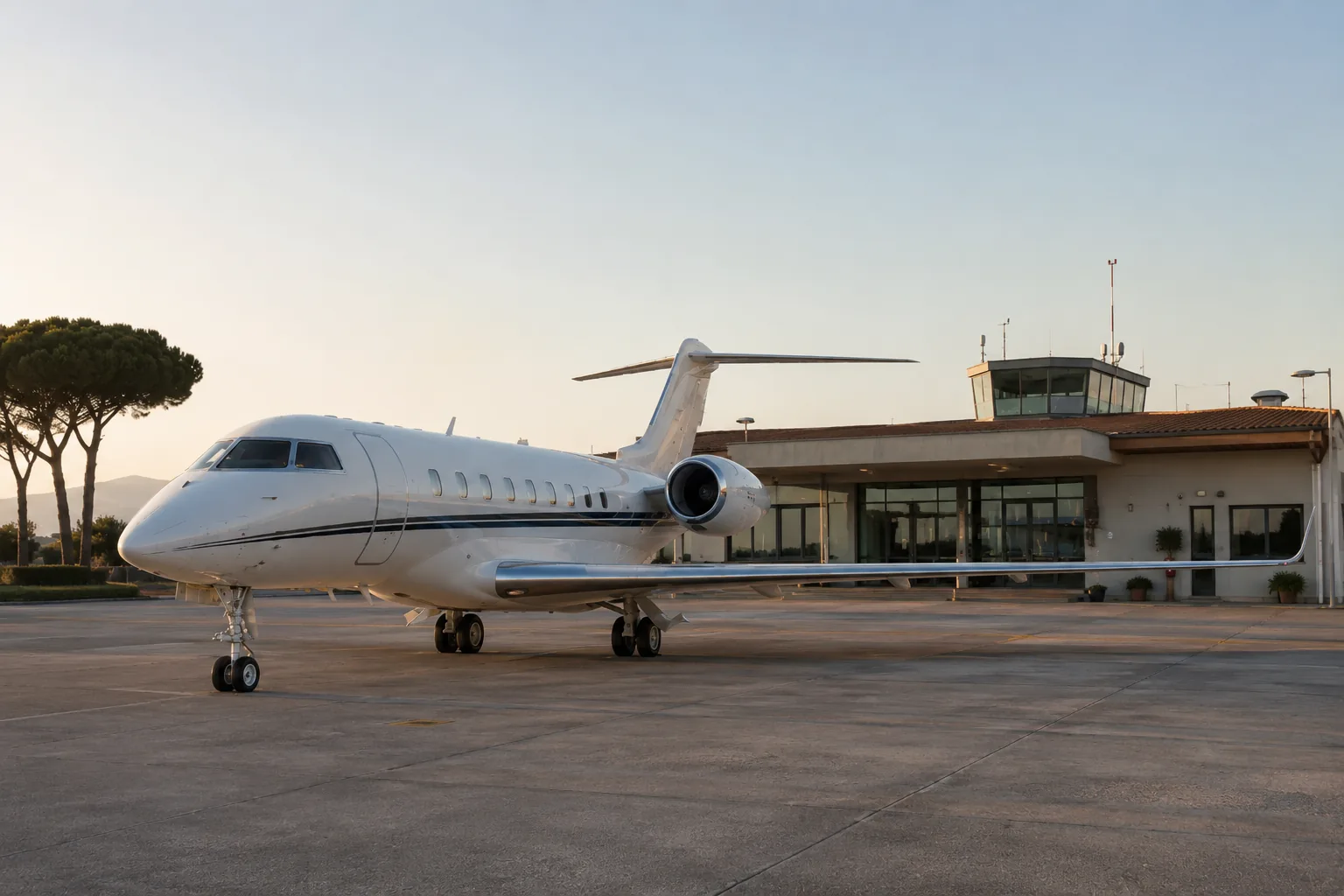Business jet on the tarmac, with the Italian landscape in the background