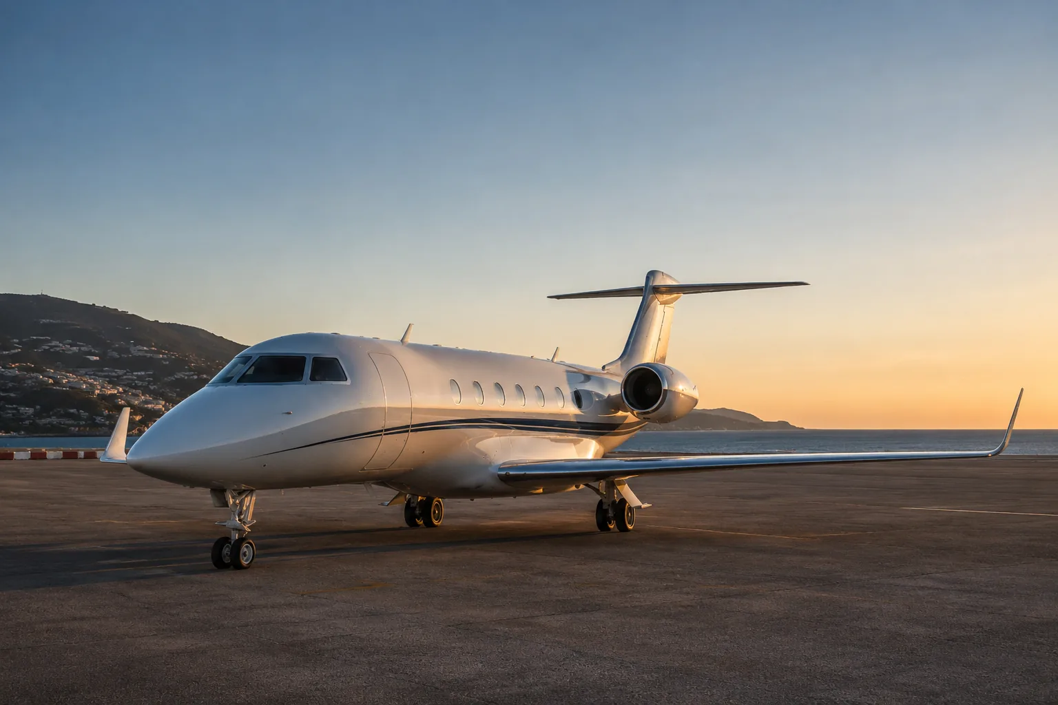 A business jet at sunset on a tarmac on the Mediterranean coast